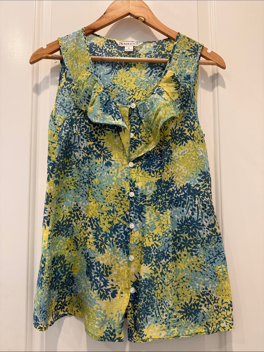 Pendleton Yellow & Teal Floral Ruffle-Front Button Tank - Picture 3 of 8